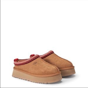 Ugg Tazz Platform Mule Slippers Chestnut Suede Red Braid Trim Size 7